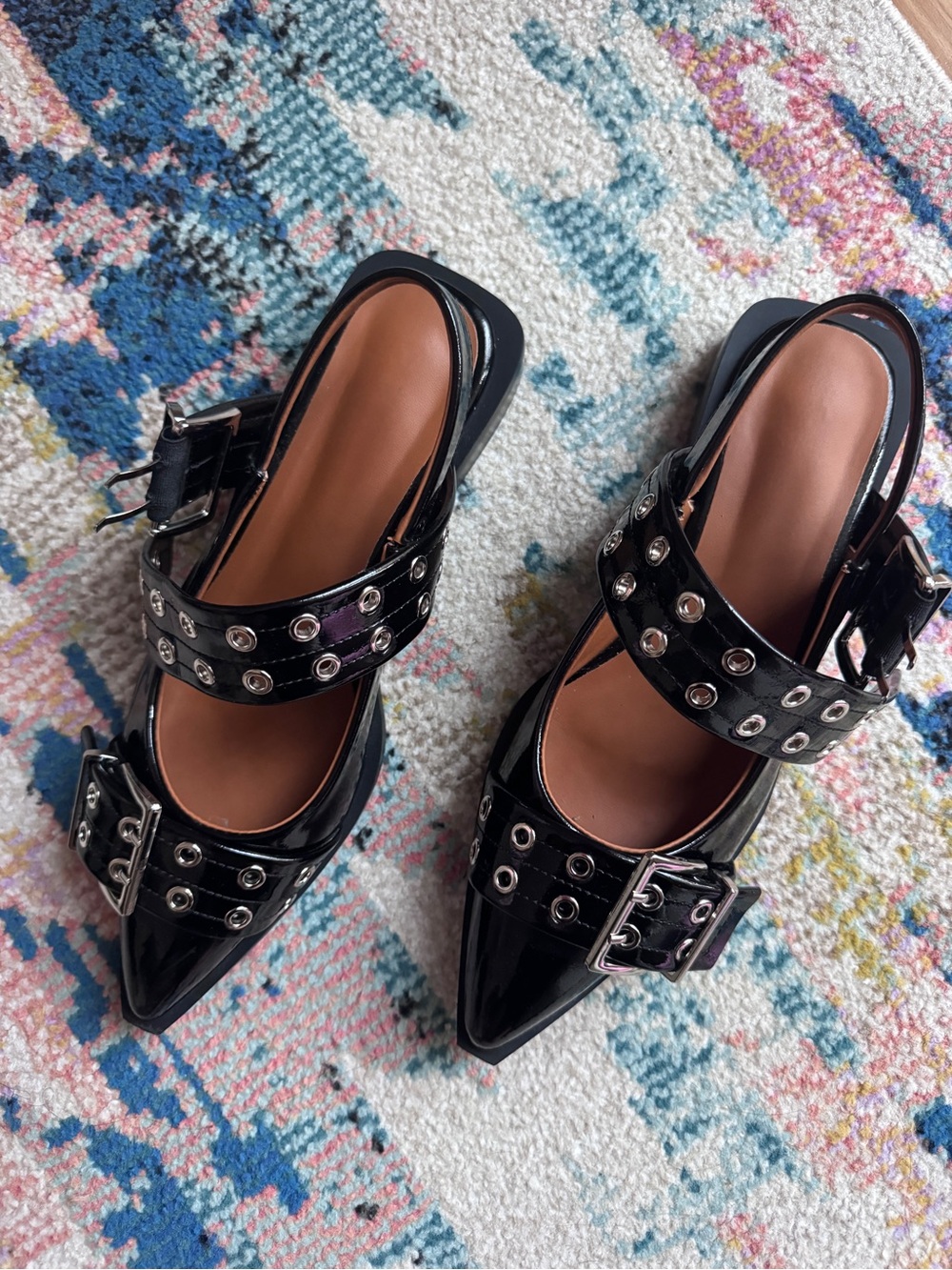 Black Patent Pointed-Toe Buckle Flats